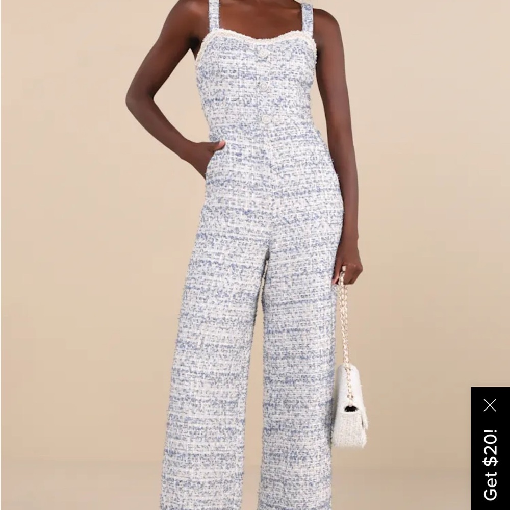 Lulus Upscale Posture Blue Tweed Sequin Pearl Sleeveless Jumpsuit